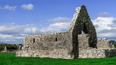 An ancient stone ruin with a tall, narrow tower, set against a backdrop of a clear blue sky and green grass.