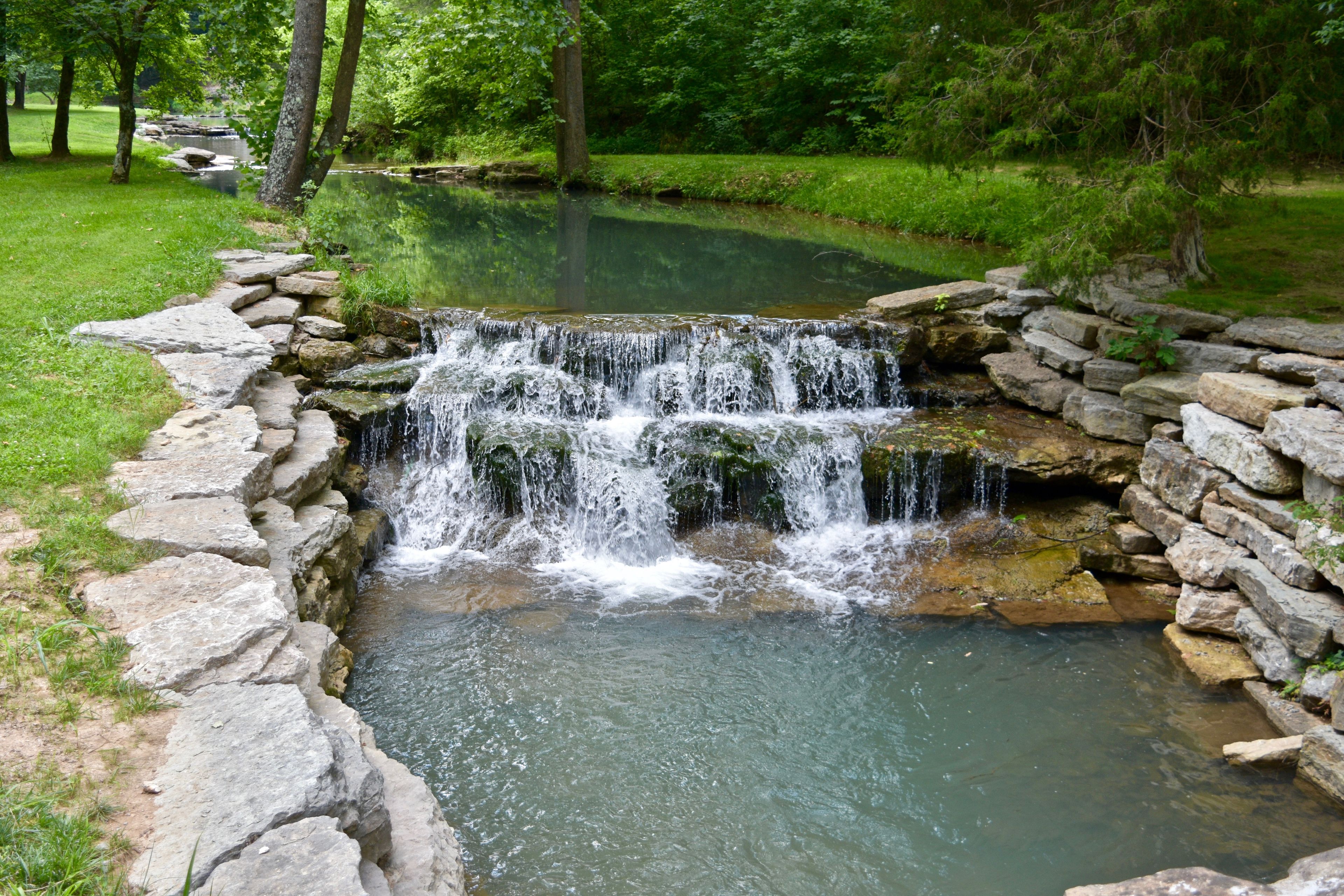 A small waterfall cascading over rocks into a clear pool, surrounded by lush greenery and trees.