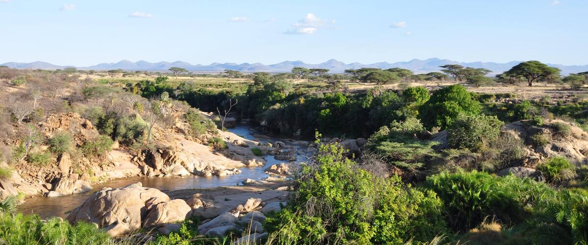 A river flowing through a rocky landscape with sparse vegetation and distant mountains.