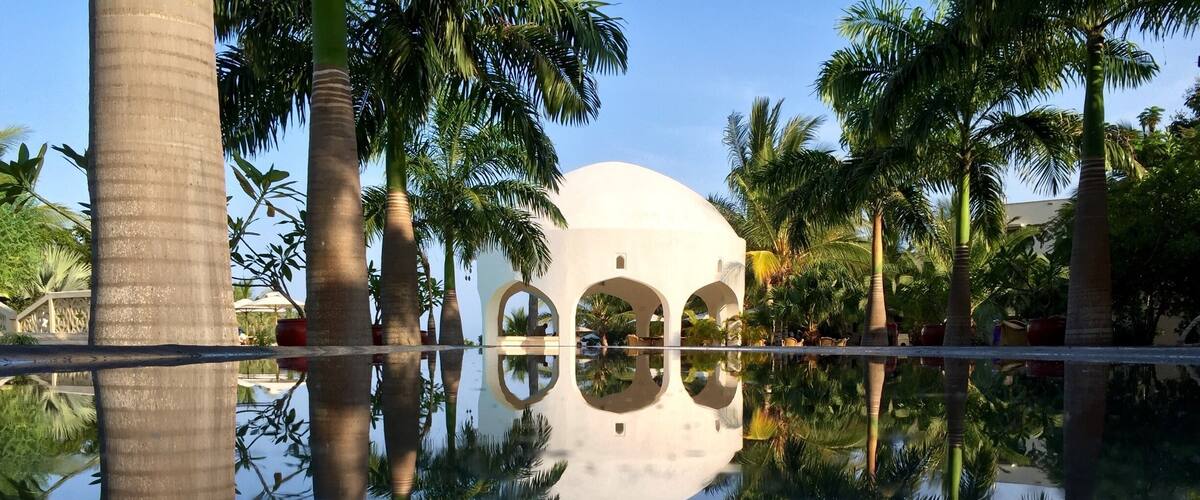 A reflective pool with palm trees and a white building with arches.