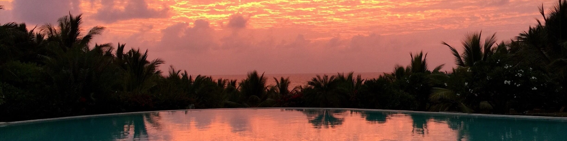 Um pôr do sol sobre uma piscina, com palmeiras em primeiro plano.