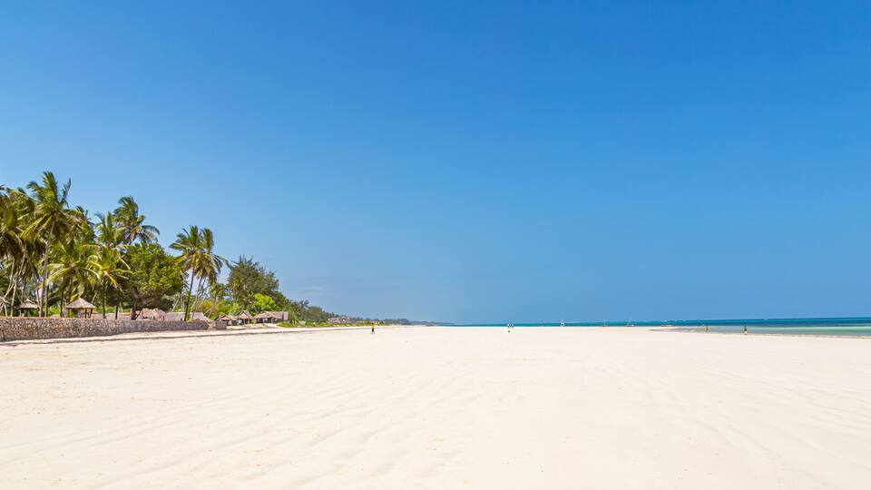 A wide sandy beach with palm trees and huts along the shore.