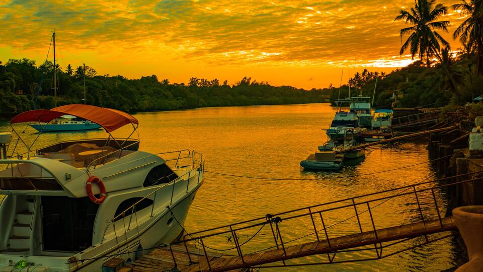 A calm river at sunset with boats docked along the shore, palm trees, and a wooden dock.