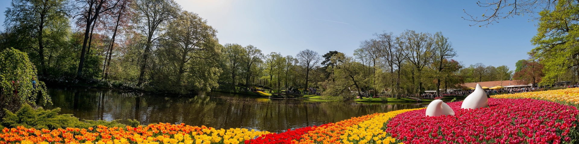 A park with a lake, colorful tulip fields, and a statue.