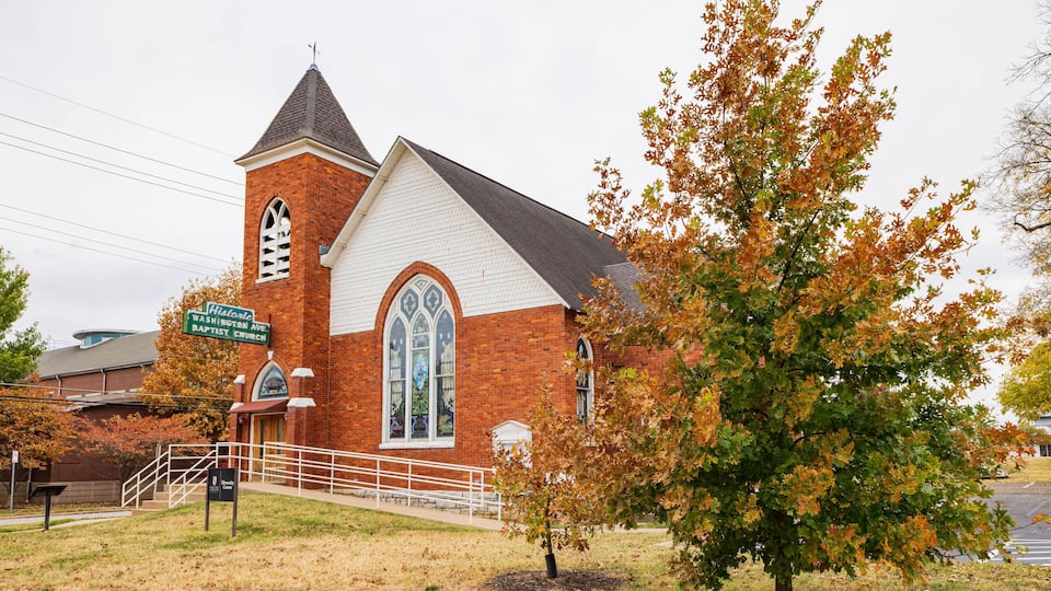 Overcast fall color landscape of the Washington Ave, Baptist Church of Drury University