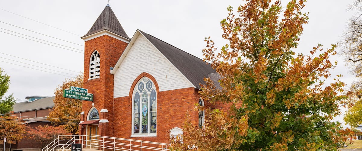 Overcast fall color landscape of the Washington Ave, Baptist Church of Drury University