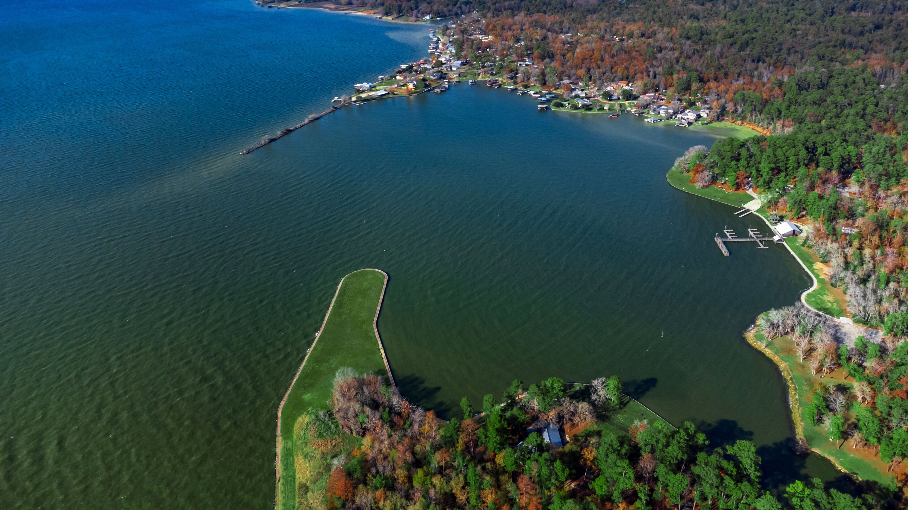 An aerial view of a lake with a dock, surrounded by dense forest and residential areas.