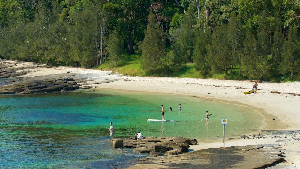 Huskisson featuring a sandy beach and general coastal views as well as a small group of people
