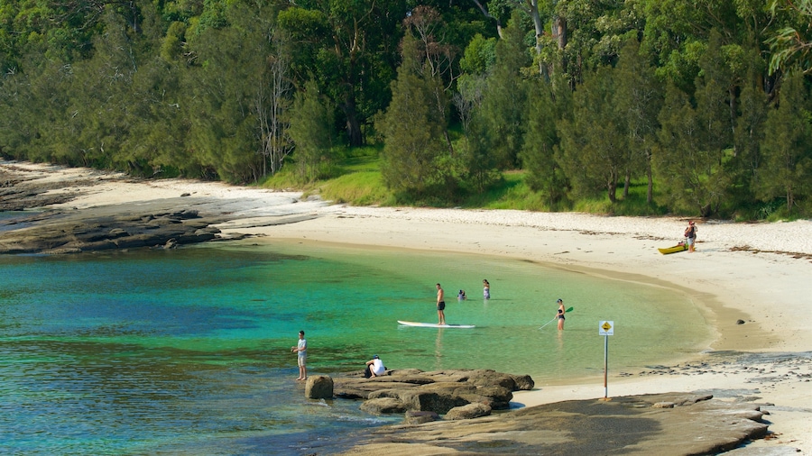 Huskisson featuring general coastal views and a sandy beach as well as a small group of people