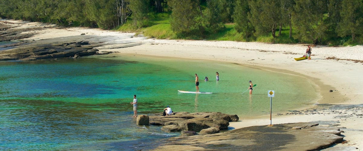Huskisson featuring a sandy beach and general coastal views as well as a small group of people