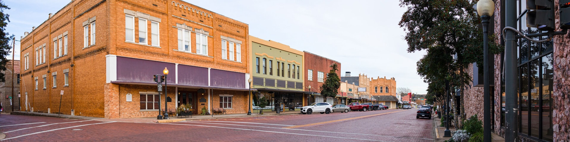 A historic street lined with brick buildings, a cobblestone road, and a stone building with a clock tower.