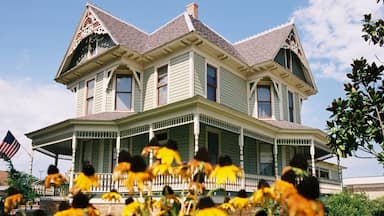 Denton ofreciendo elementos del patrimonio, flores y una casa