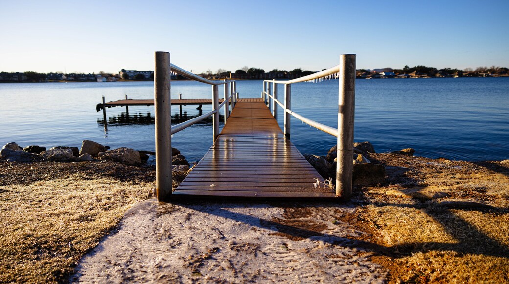 Dock on a cold morning at Lake Granbury at a small beach near the downtown square