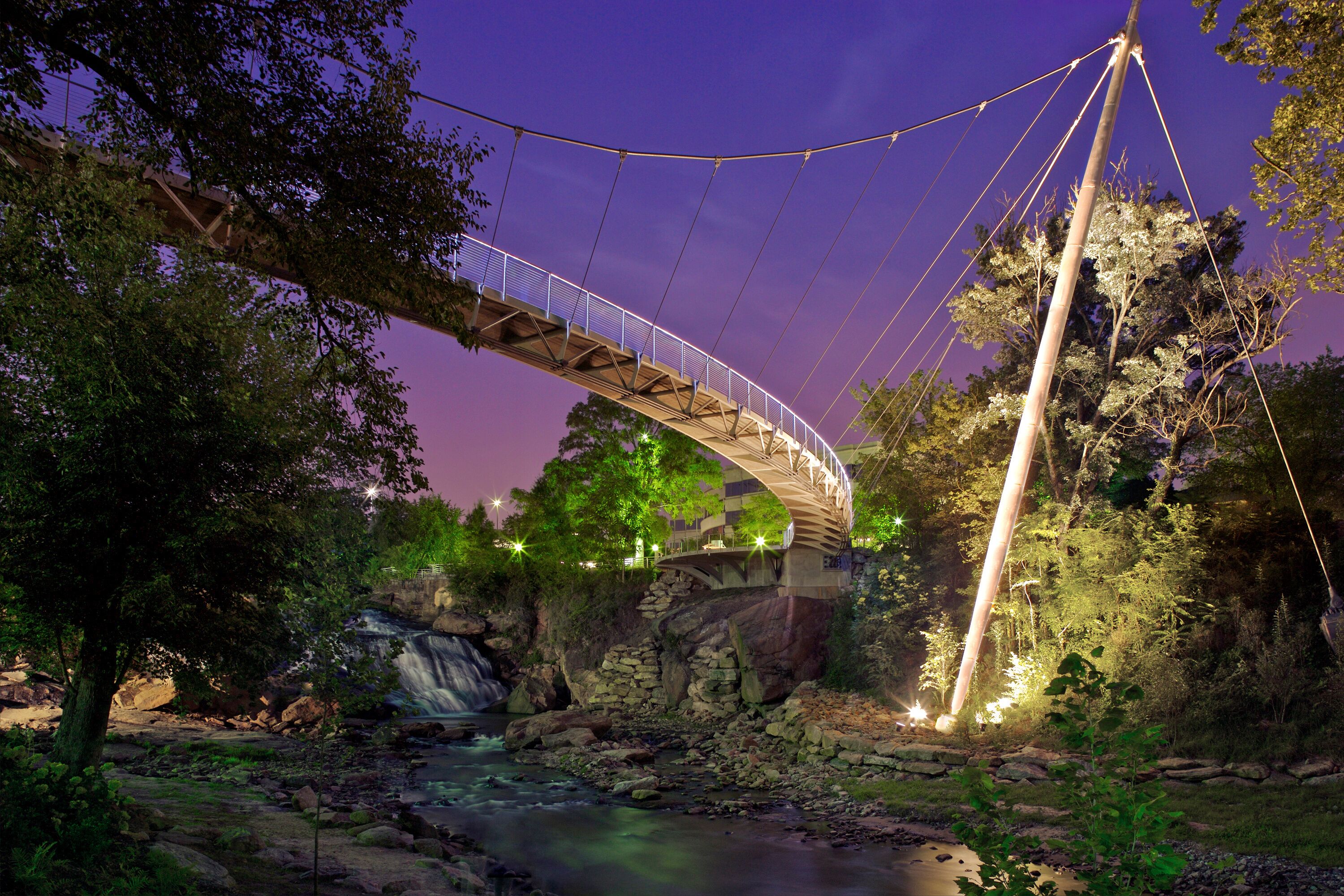Liberty Bridge and Waterfall Falls Park Greenville, Night