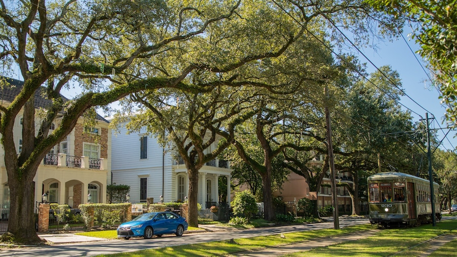 A street with a trolley, a blue car, and historic buildings.