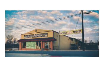 This is a low perspective view of Fresh Market Coffee in Waxahachie, Texas.