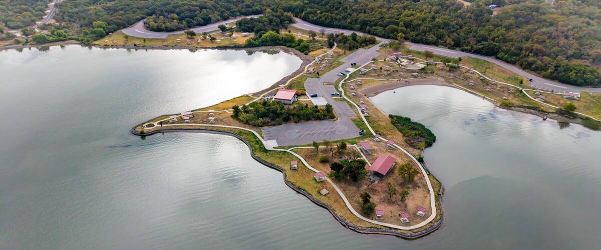 Aerial Drone View of Cedar Hill State Park and Joe Pool Lake in Texas