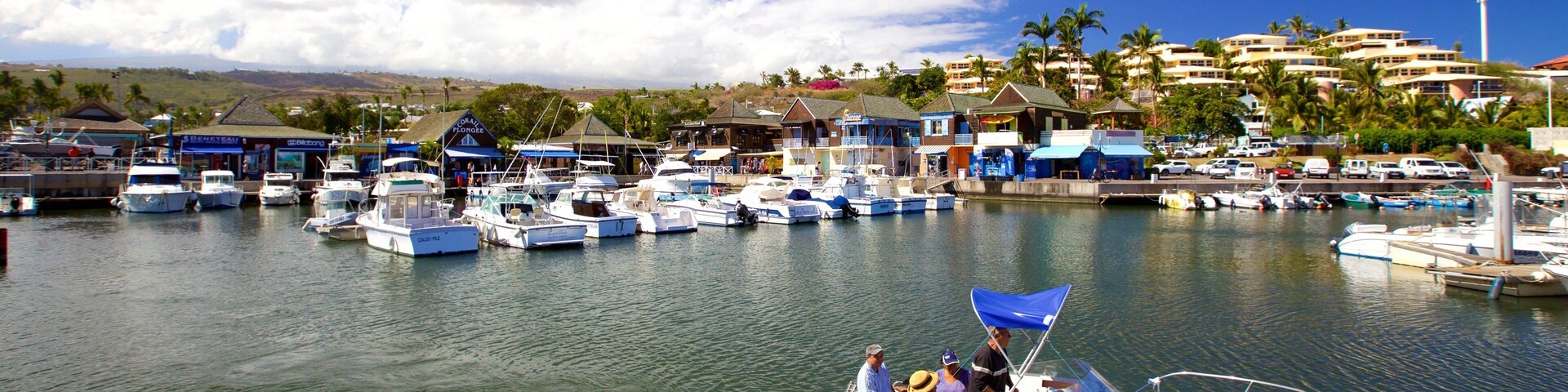 Un puerto deportivo con varias embarcaciones amarradas, cielo azul despejado y edificios al fondo.