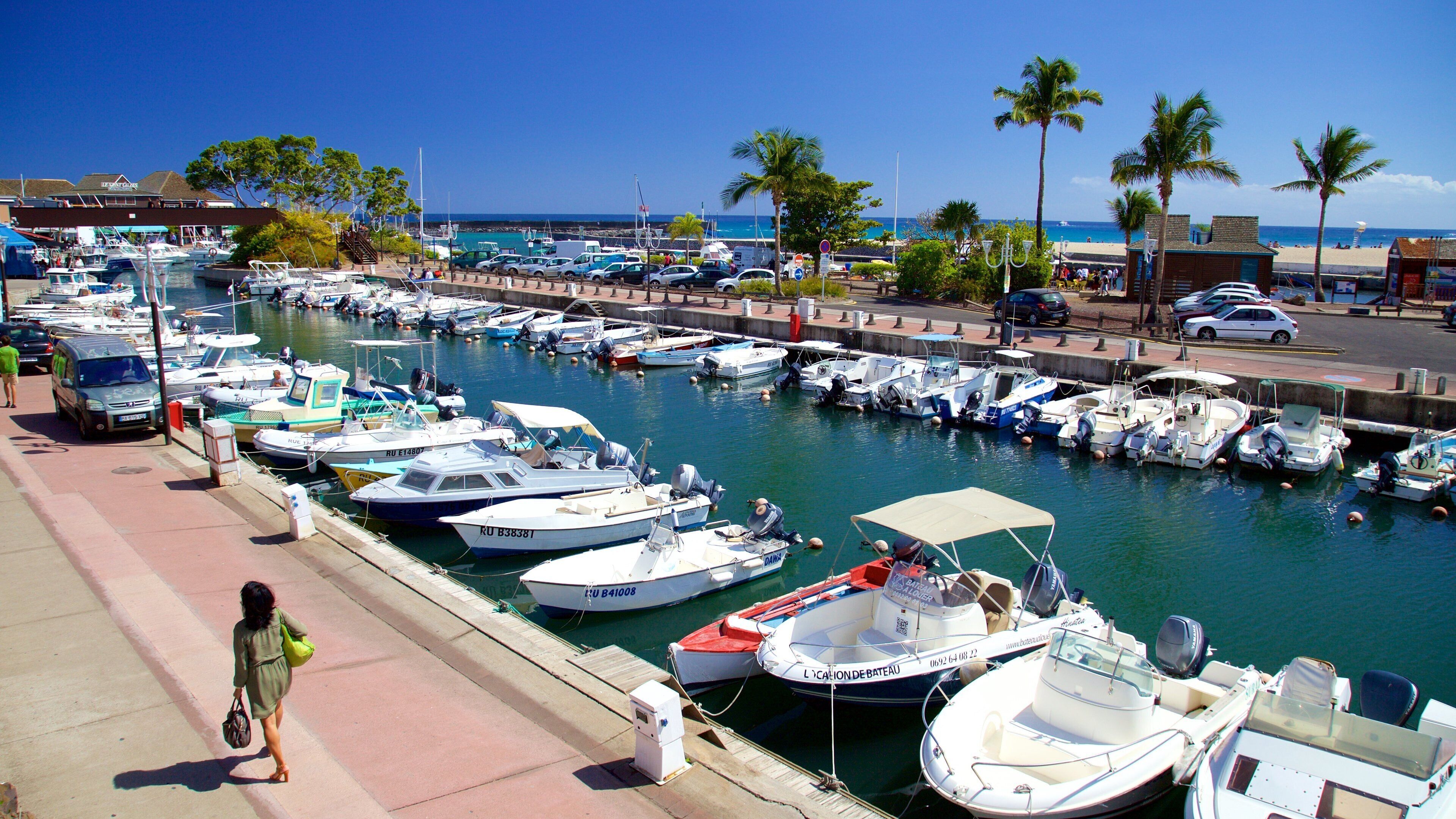 A marina with various boats docked, a woman walking on the sidewalk, and a beach in the background.