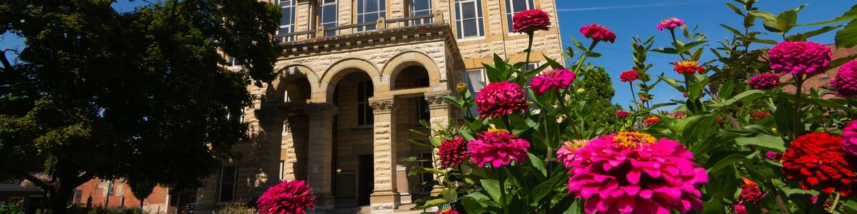 Un bâtiment historique doté d’un clocher, entouré d’un jardin bien entretenu où s’épanouissent de magnifiques fleurs roses.