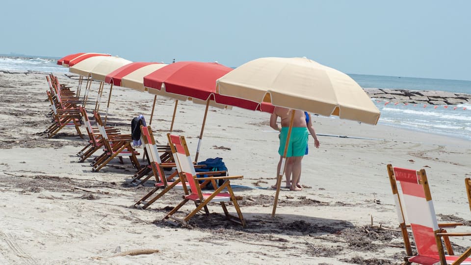 A beach with rows of beach chairs and umbrellas, a flag, and the ocean in the background.