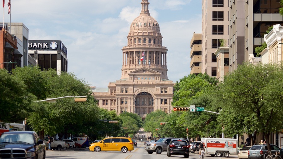 Downtown Austin showing street scenes and an administrative buidling