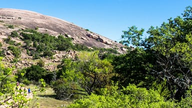 A large rock formation with a clear sky, surrounded by green vegetation and a few people hiking.