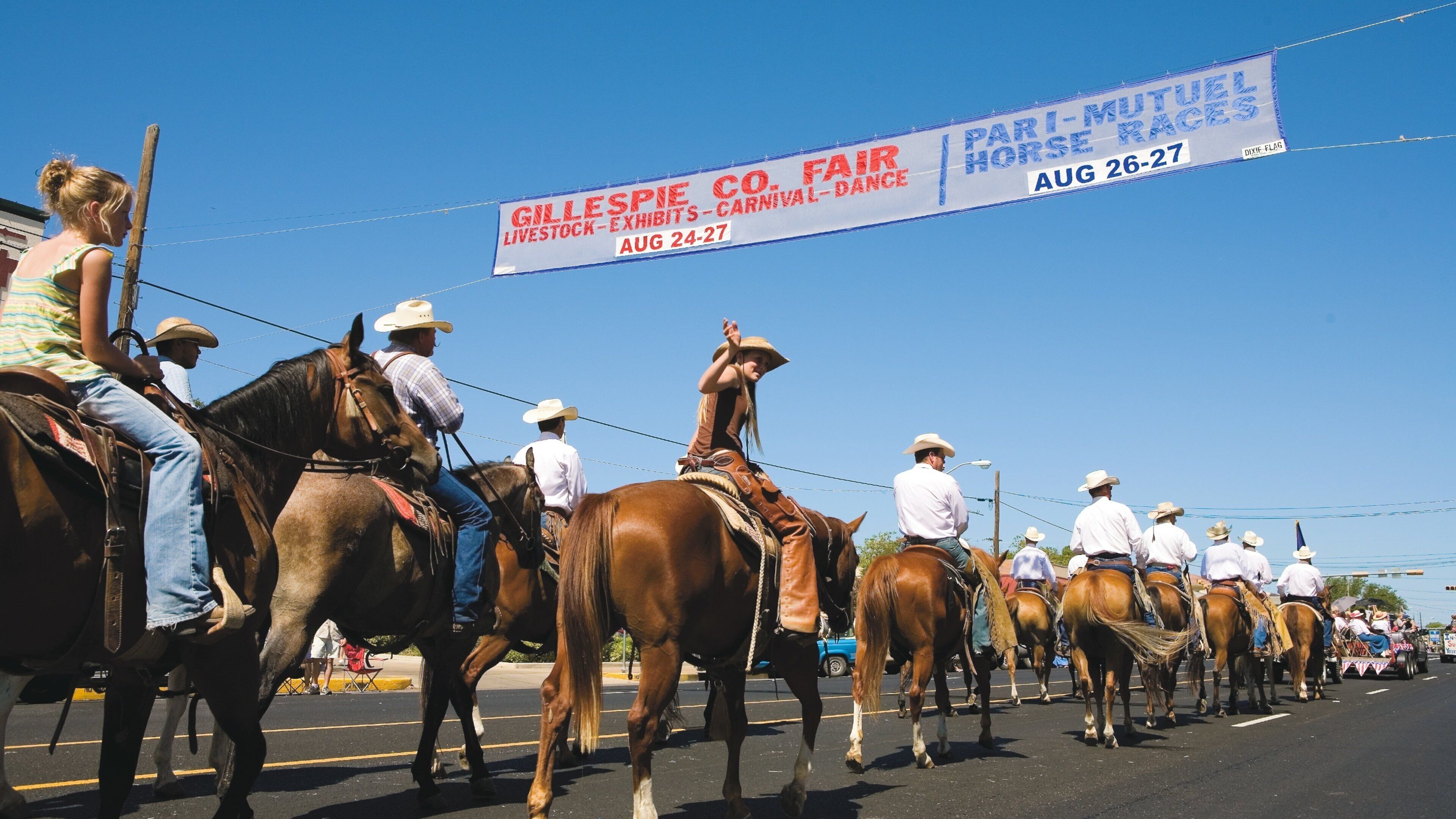 Fredericksburg showing horseriding, signage and land animals