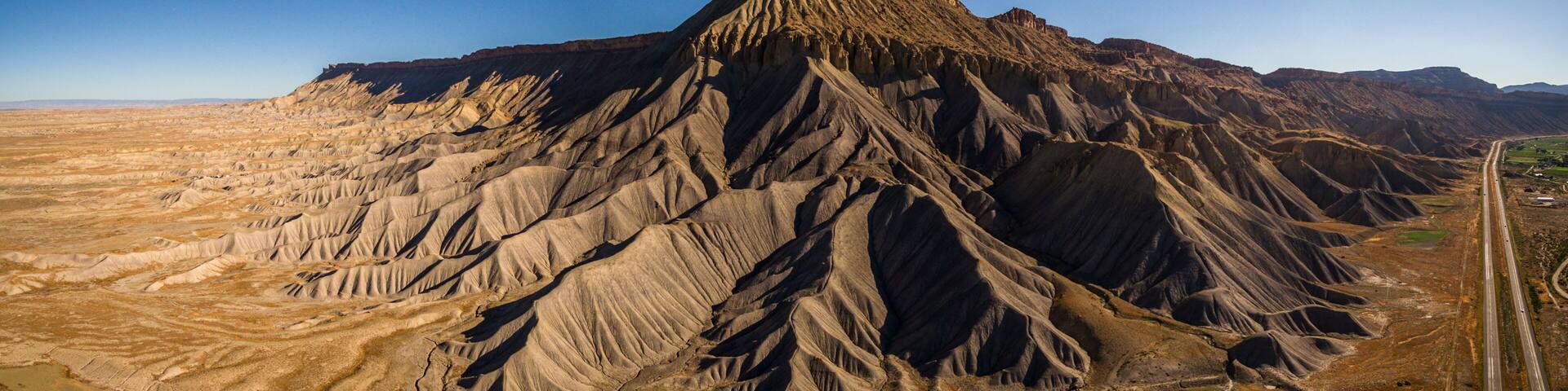 Aerial/Drone Panorama Photo of Mt. Garfield, Near Grand Junction, Colorado. This scenic desert mesa mountain is on the western slope of the Colorado Rocky Mountains.