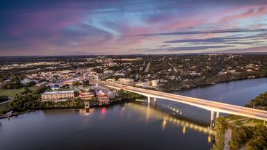 Aerial view of Marble Falls Bridge at sunset. Texas, USA