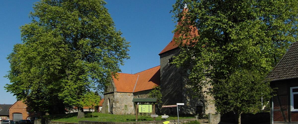 A church with a red roof and stone walls, surrounded by large trees and a clear blue sky.