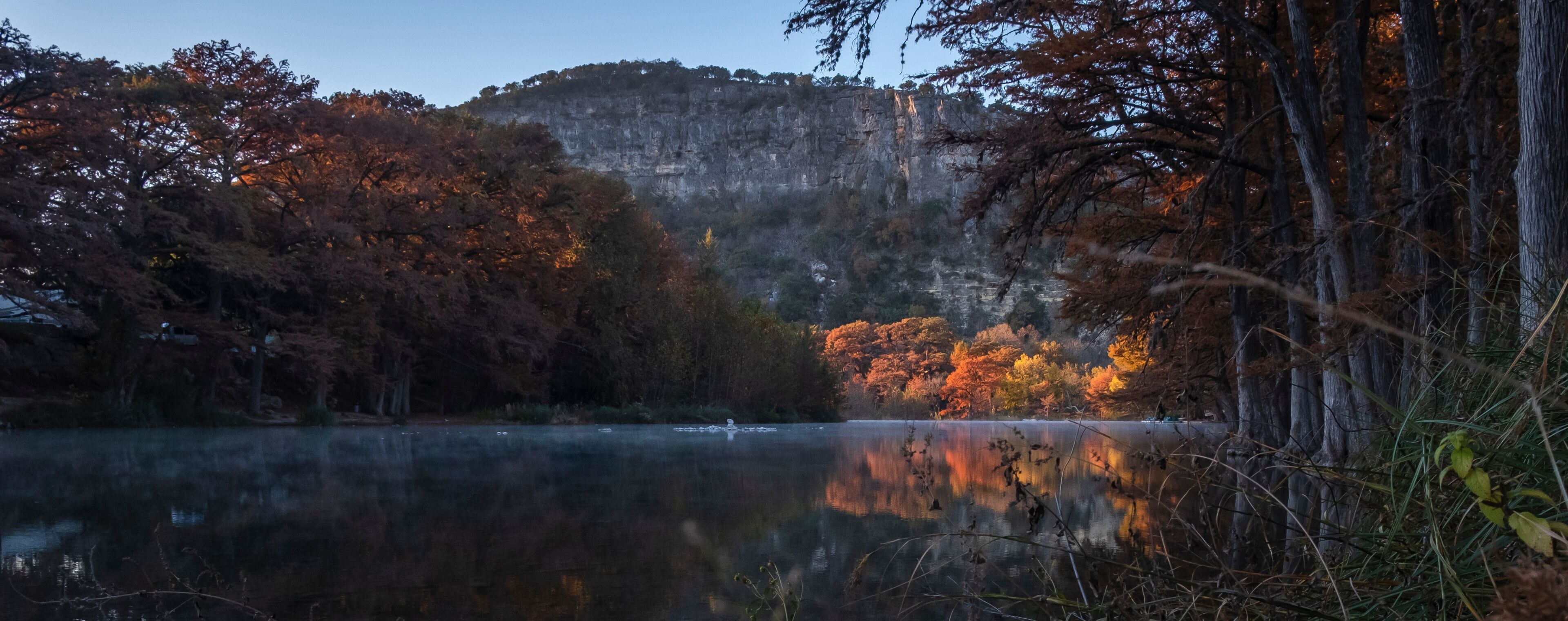 Landscapes of Texas Hill Country in the fall, autumn, season changing, outdoors, river, camping