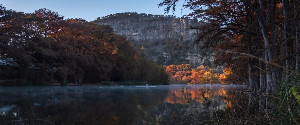 Landscapes of Texas Hill Country in the fall, autumn, season changing, outdoors, river, camping