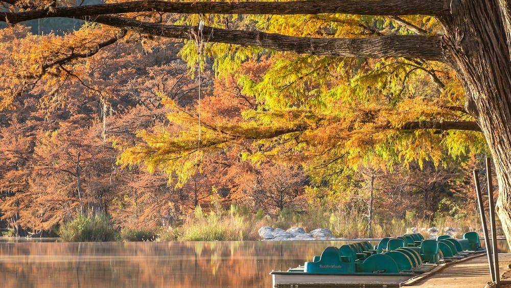 Landscapes of Texas Hill Country in the fall, autumn, season changing, outdoors, river, camping