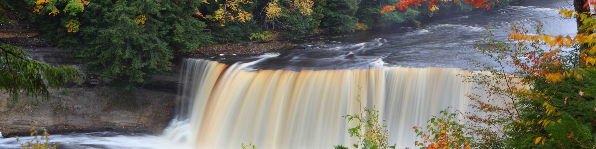 A waterfall surrounded by autumn foliage.