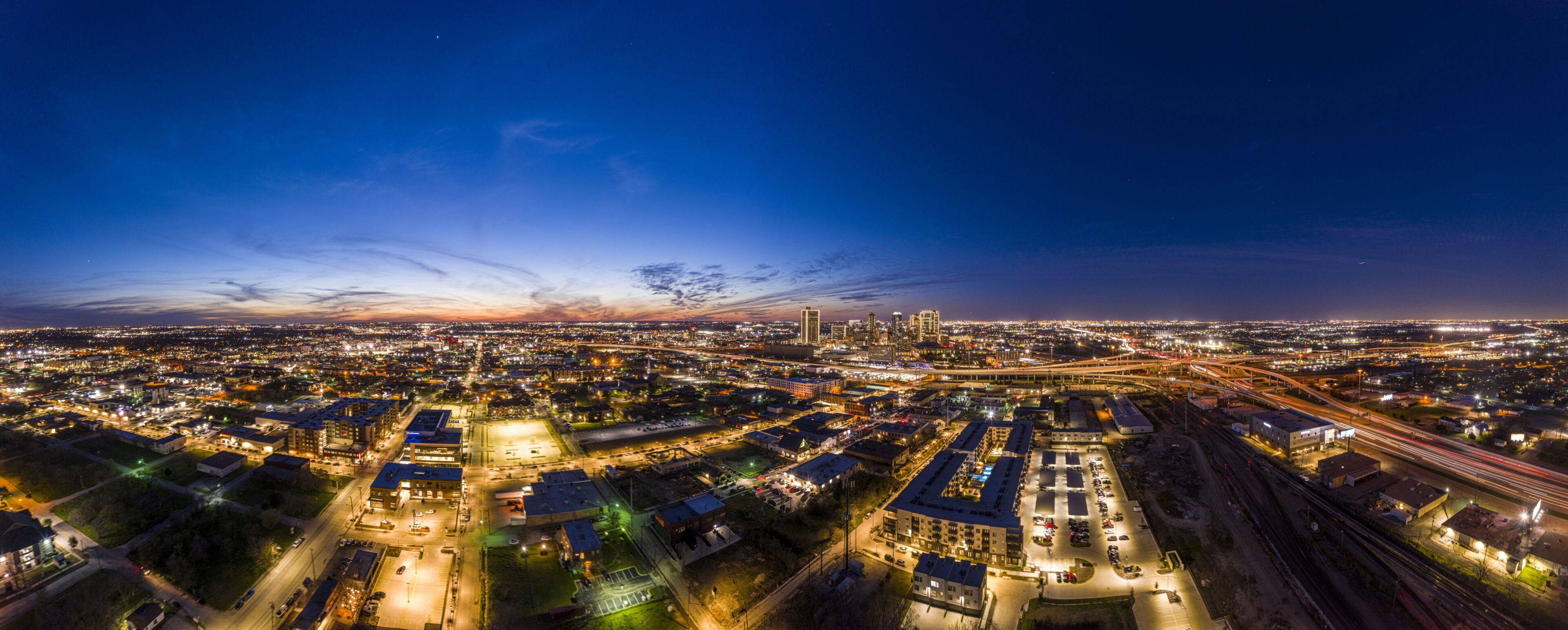 Panoramic aerial view on the city of Fort Worth during sunset with final afterglow and clear skies