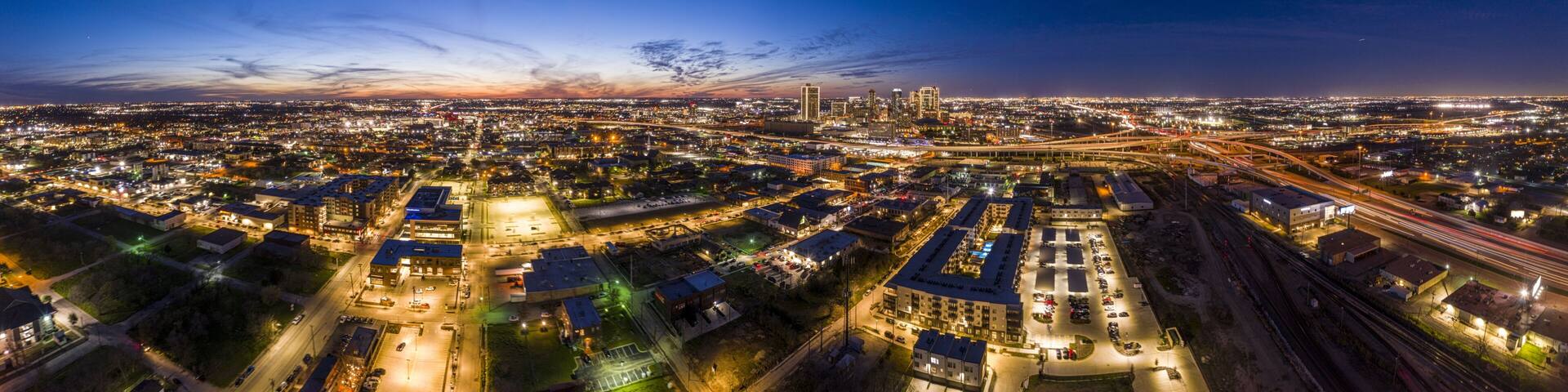 Panoramic aerial view on the city of Fort Worth during sunset with final afterglow and clear skies