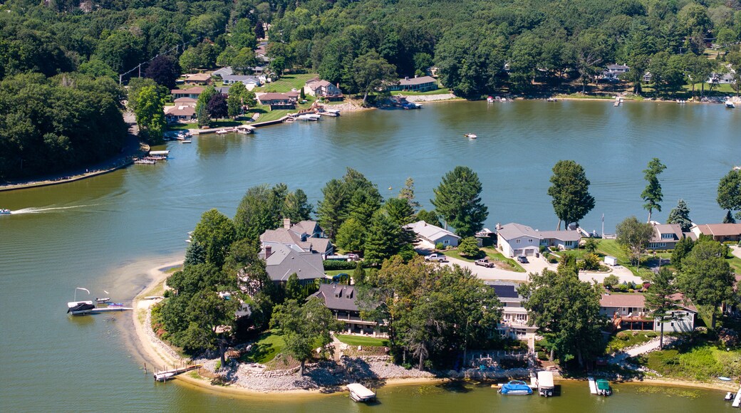 Aerial Area View of Mona Lake in Norton Shores near Muskegon Showing Shoreline and Waterfront July 2025
