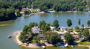 Aerial Area View of Mona Lake in Norton Shores near Muskegon Showing Shoreline and Waterfront July 2025