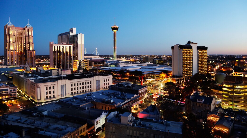 San Antonio downtown just after sunset showing skyline around Tower of the Americas & Alamodome