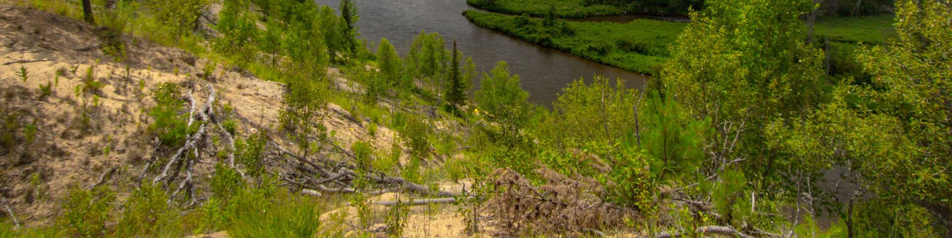 A river winding through a forested valley with a cloudy sky above.