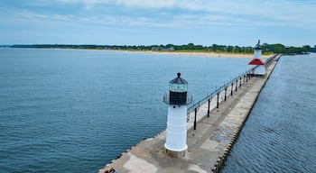 A lighthouse and pier extending into a calm body of water, with a beach and trees in the background.