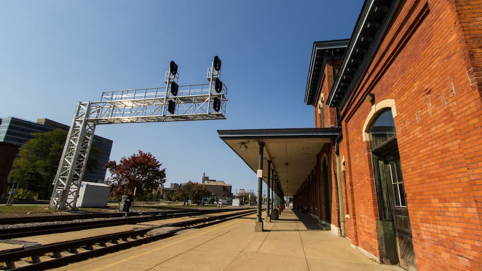 Historic train station depot and tracks with diminishing perspective.