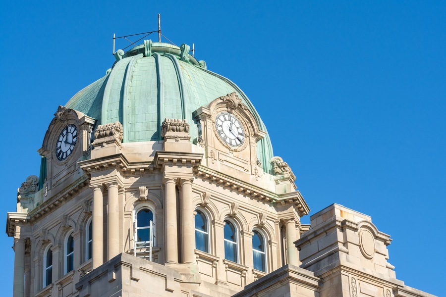 Architectural detail of the Kankakee county courthouse dome and clock. Kankakee, Illinois, USA.
