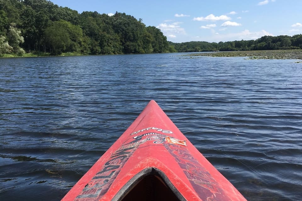 A red kayak on calm water with a forested shoreline in the background.