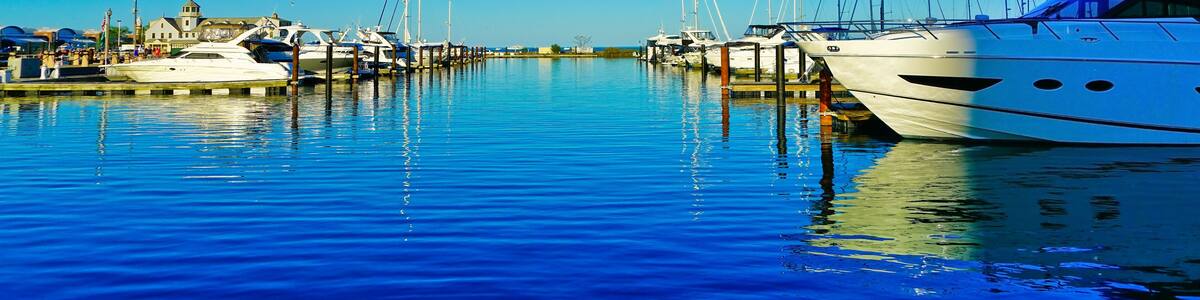 View of Monroe Harbor on Lake Michigan in Chicago on a sunny day.