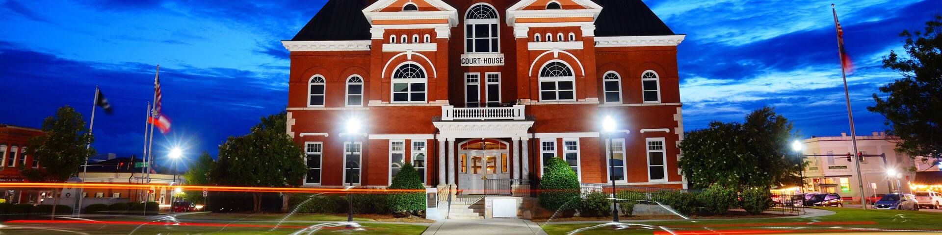 Forsyth, Georgia, USA 07 19 2024: The night landscape of Forsyth city: Forsyth is a city in and the county seat of Monroe County, Georgia, United States.