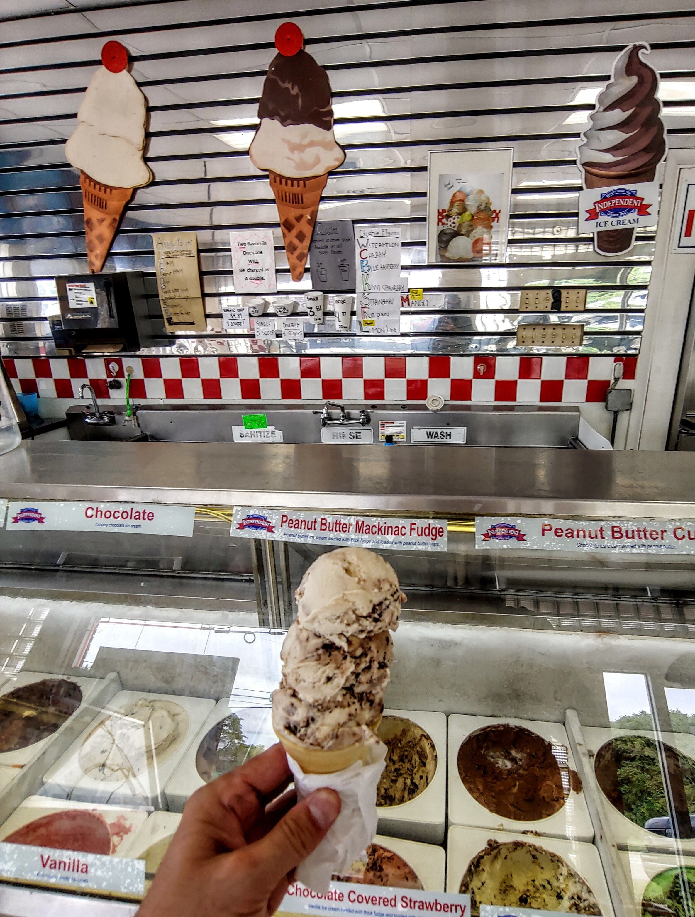 Heaping scoops of peanut butter Mackinac fudge in a classic cake cone!

Independent Dairy offers a wide selection of classic flavors and some fun twists on the classics as well.