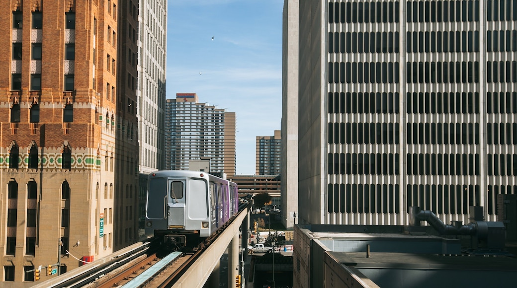 Downtown Detroit which includes a city and railway items