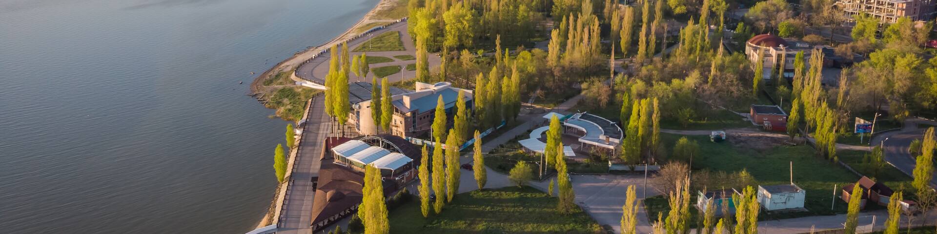 A birds eye view of the central part of the city of Taganrog, Russia on a sunny spring morning